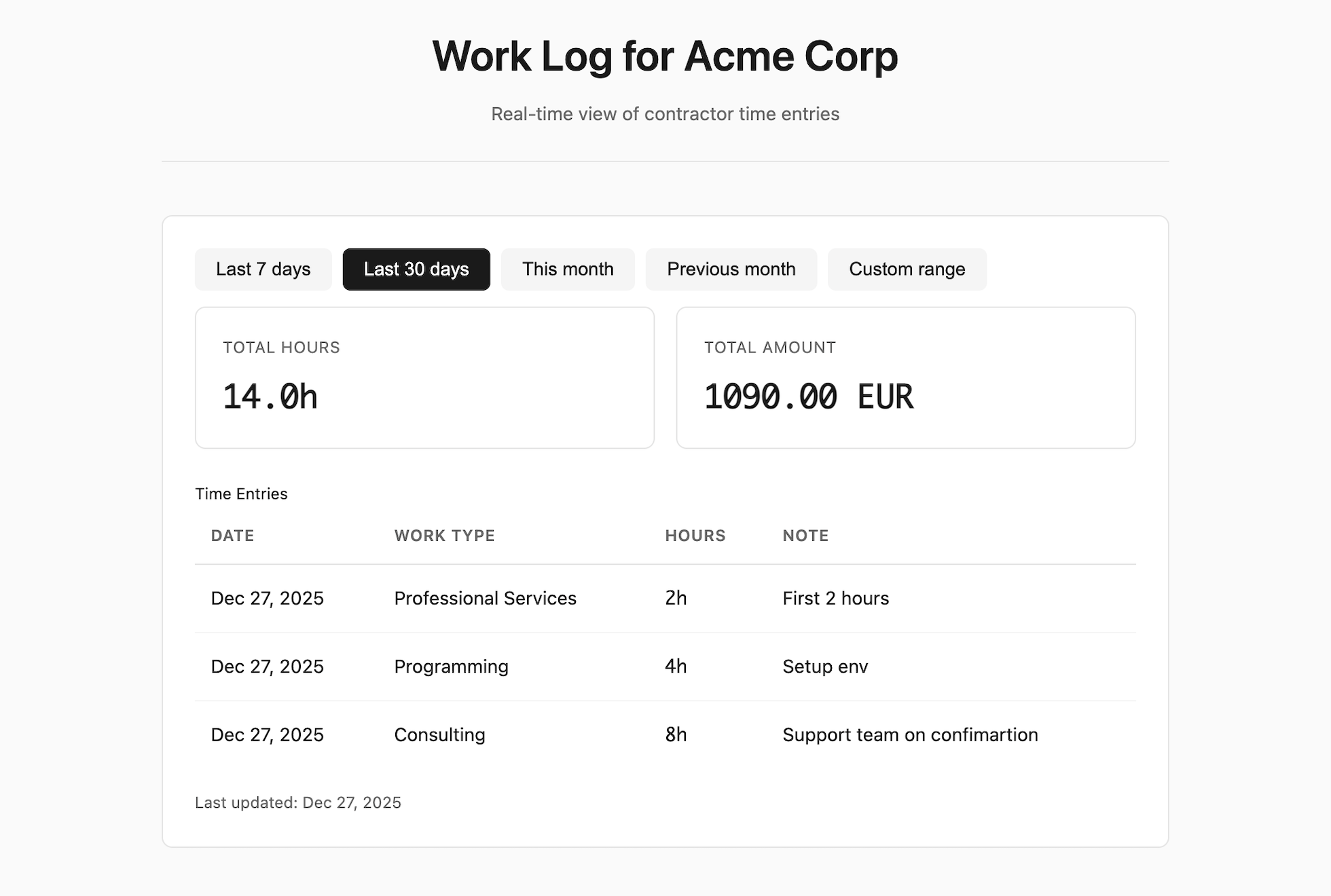 Client work log view showing time entries, work types, and totals